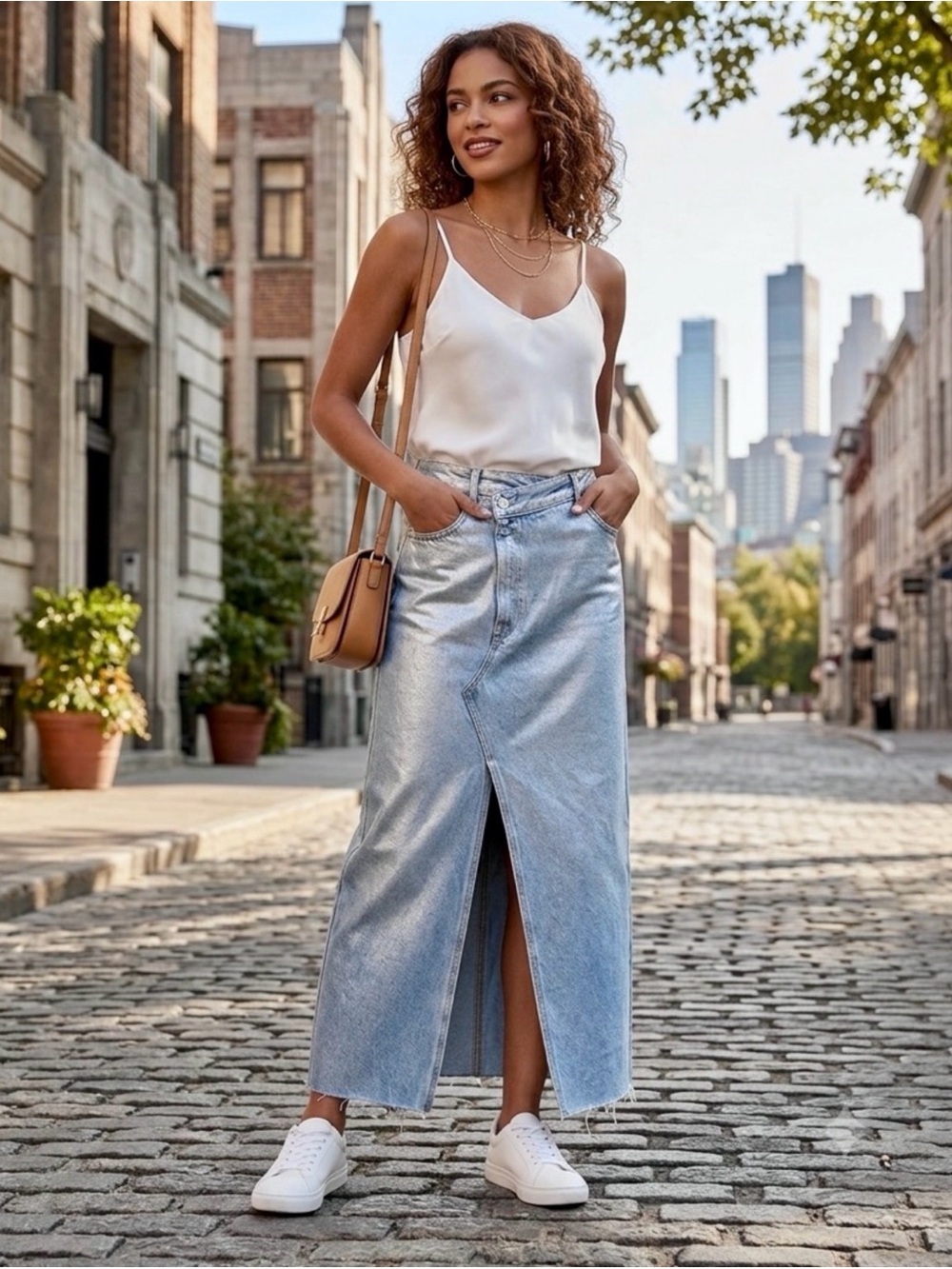 ZARA TRF Metallic Denim Asymmetric Midi Skirt Silver Foil XL